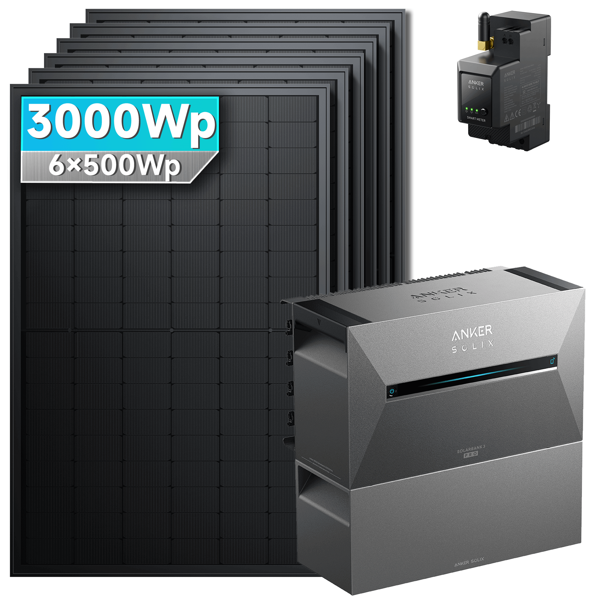 3000Wp Anker Solix Balkonkraftwerk Komplettset mit 6x500Wp bifazialen PV-Panels. Speicher: Mit 1x BP2700 Erweiterungsakku. Halterung: Ohne Halterung.