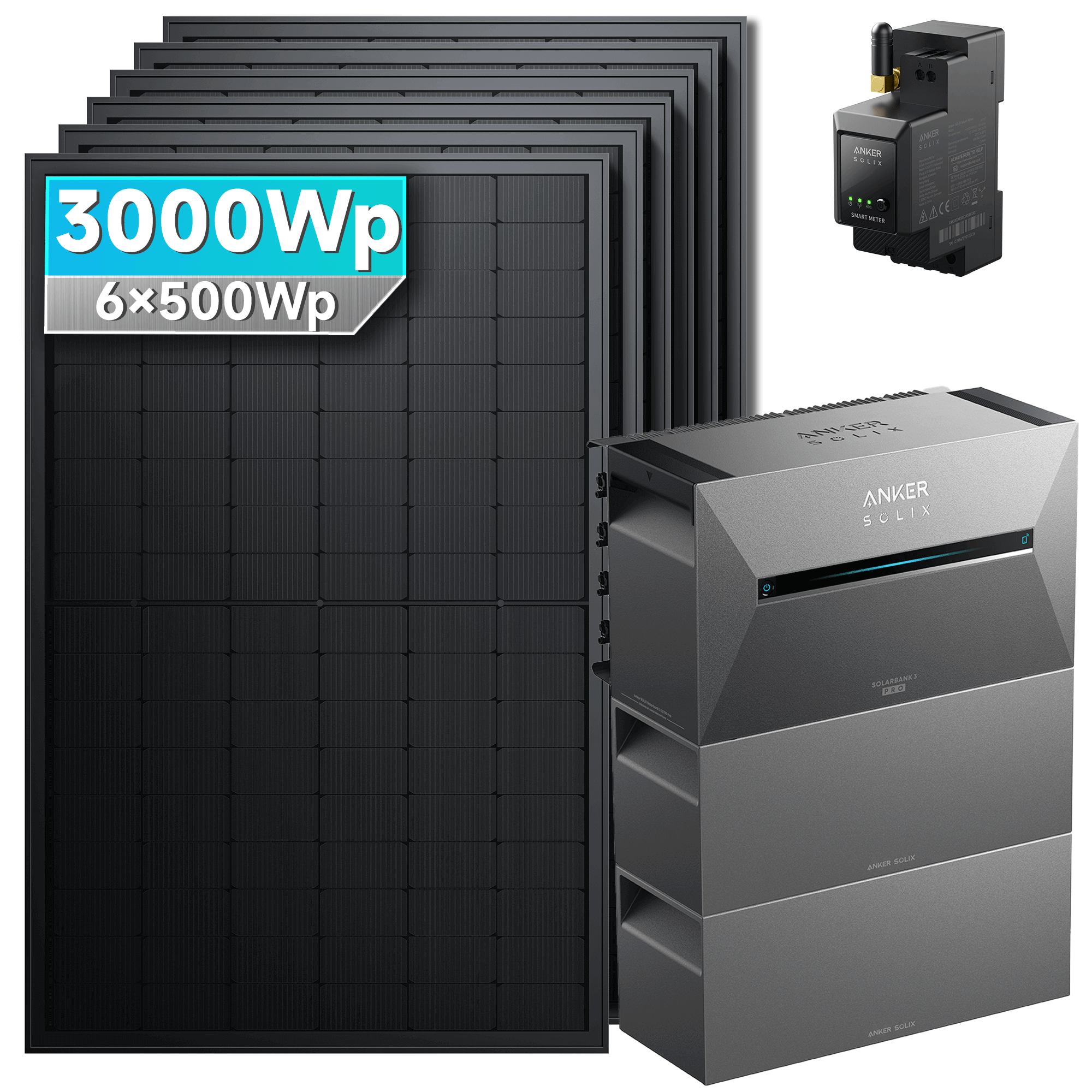 3000Wp Anker Solix Balkonkraftwerk Komplettset mit 6x500Wp bifazialen PV-Panels. Speicher: Mit 2x BP2700 Erweiterungsakku. Halterung: Ohne Halterung.