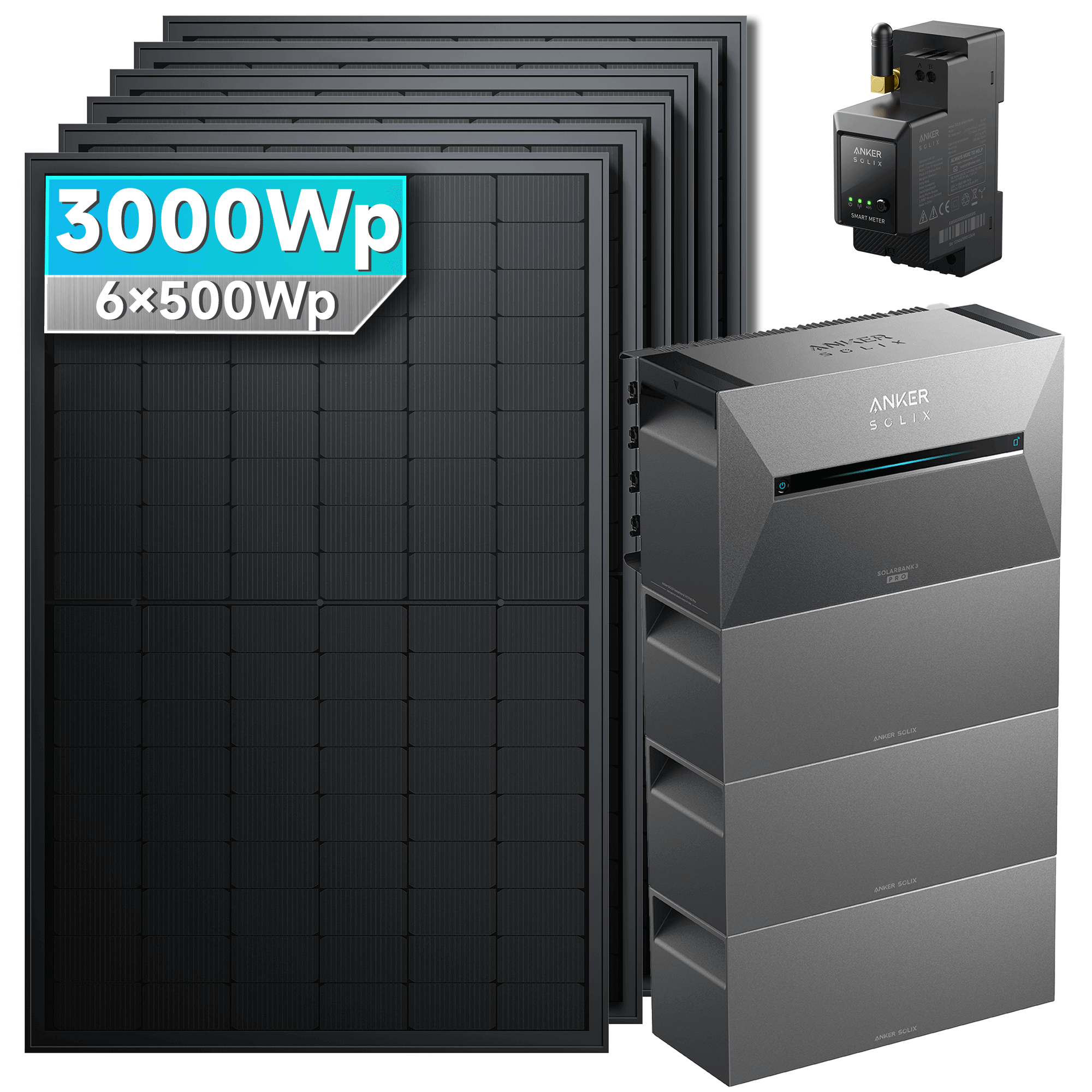 3000Wp Anker Solix Balkonkraftwerk Komplettset mit 6x500Wp bifazialen PV-Panels. Speicher: Mit 3x BP2700 Erweiterungsakku. Halterung: Ohne Halterung.