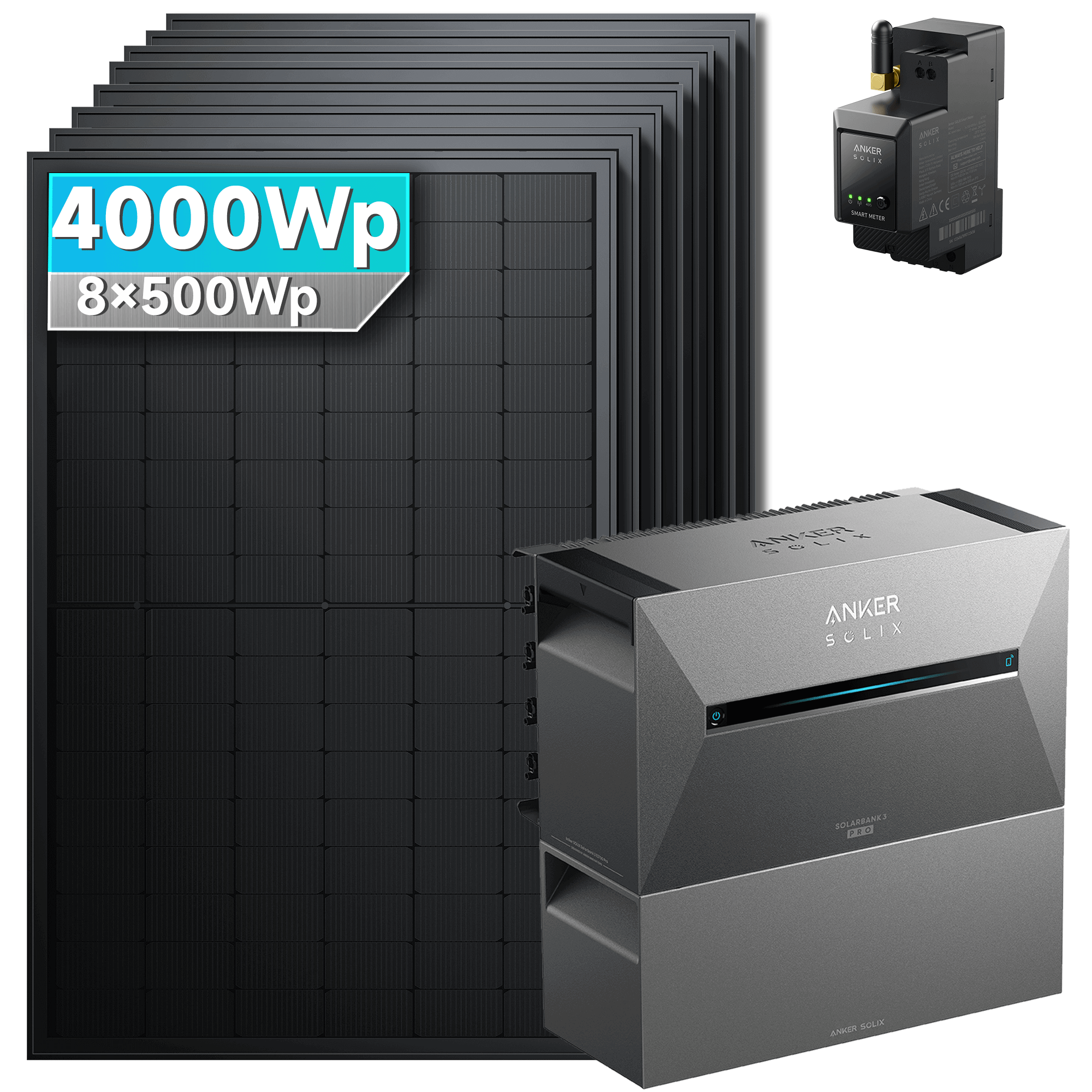 4000Wp Anker Solix Balkonkraftwerk Komplettset mit 8x500Wp bifazialen PV-Panels. Speicher: Mit 1x BP2700 Erweiterungsakku. Halterung: Ohne Halterung.