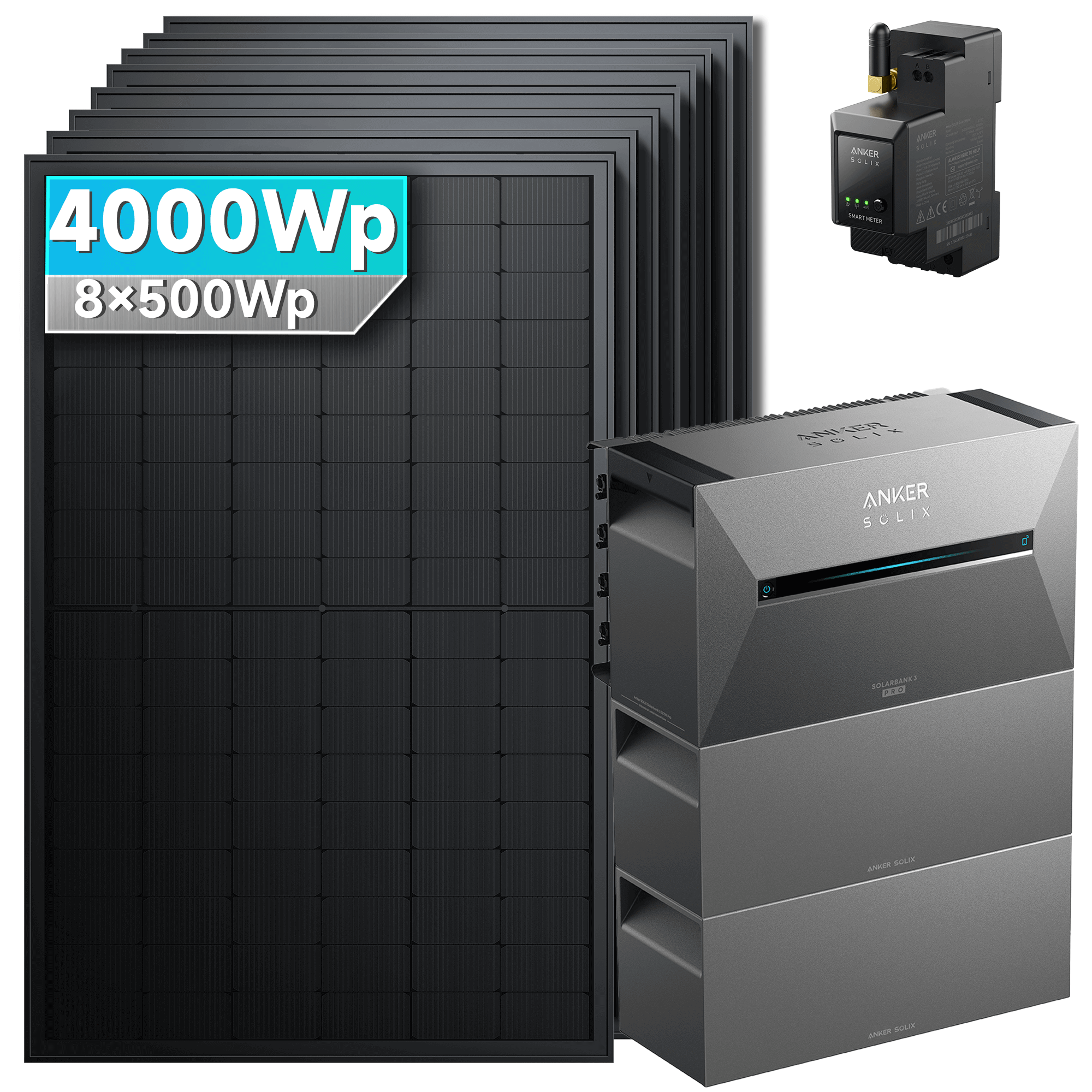 4000Wp Anker Solix Balkonkraftwerk Komplettset mit 8x500Wp bifazialen PV-Panels. Speicher: Mit 2x BP2700 Erweiterungsakku. Halterung: Ohne Halterung.