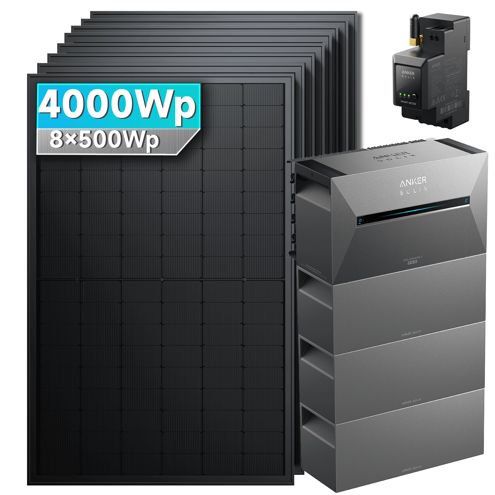4000Wp Anker Solix Balkonkraftwerk Komplettset mit 8x500Wp bifazialen PV-Panels. Speicher: Mit 3x BP2700 Erweiterungsakku. Halterung: Ohne Halterung.