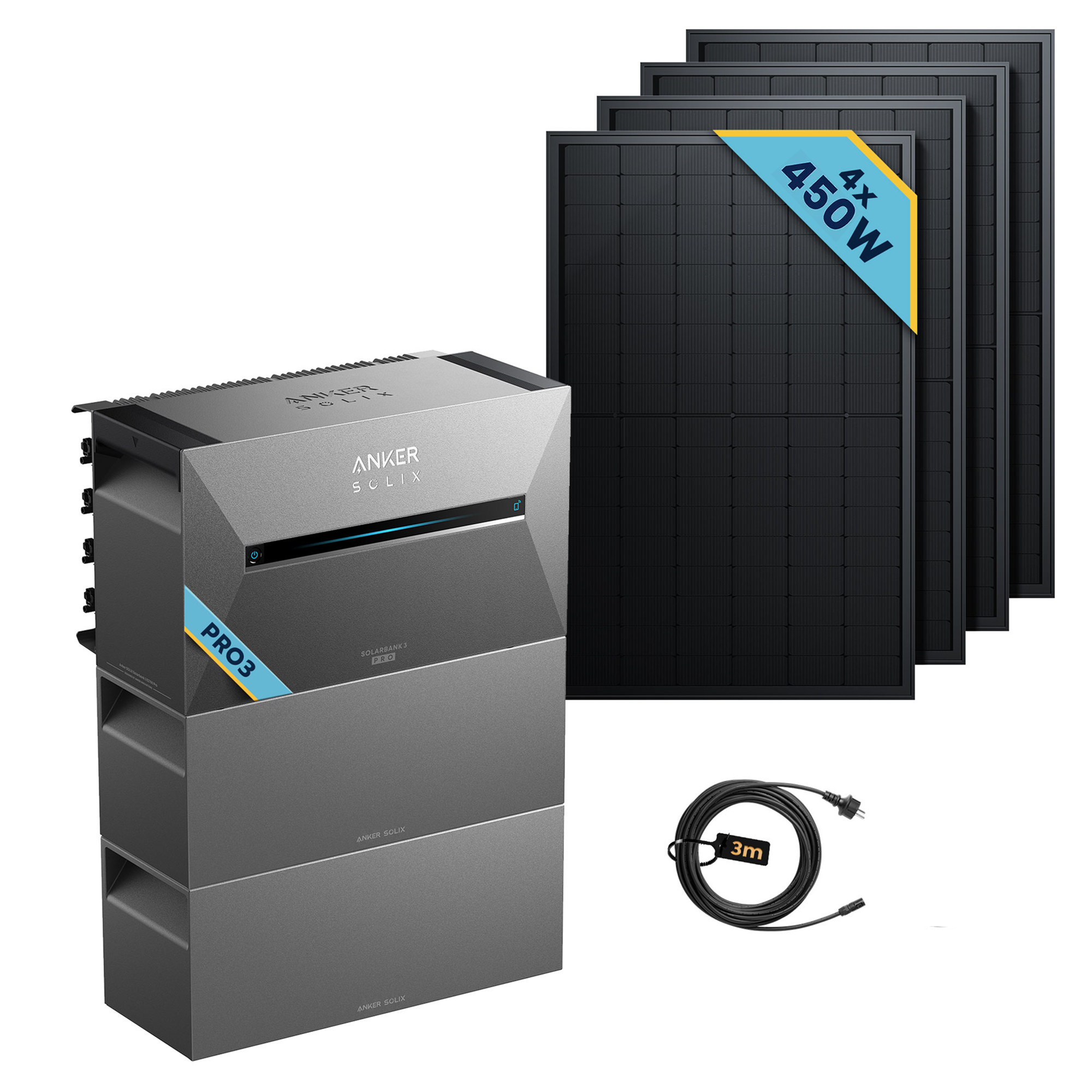 Anker SOLIX Solarbank 3 E2700 Pro Balkonkraftwerk speicher mit 450Wp Solarmodul Basic-Set and four solar panels.