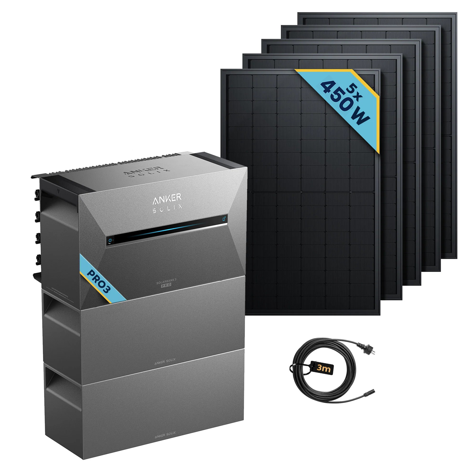 Anker SOLIX Solarbank 3 E2700 Pro Balkonkraftwerk speicher mit 450Wp Solarmodul Basic-Set, inklusive Solarmodule und Kabel.