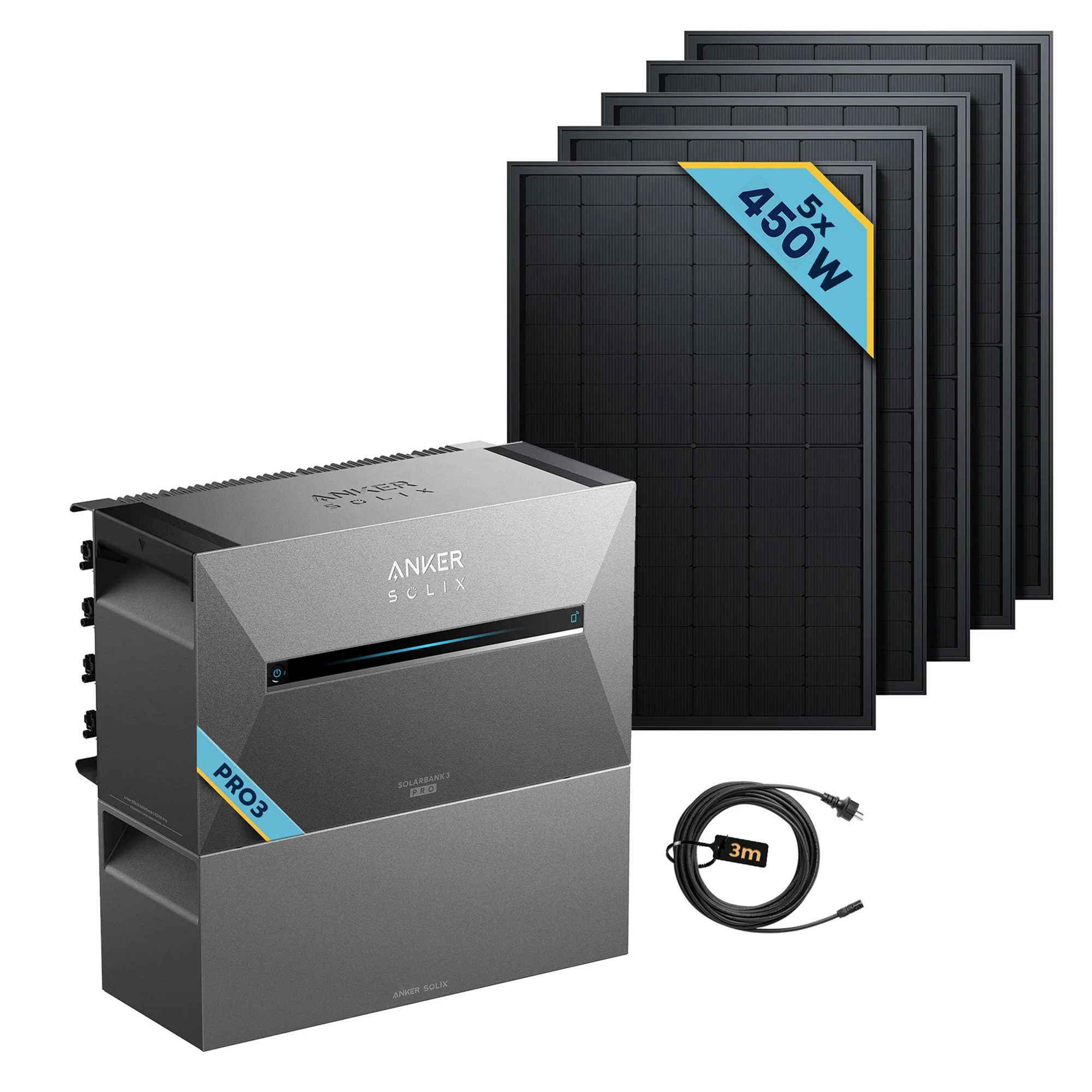 Anker SOLIX Solarbank 3 E2700 Pro Balkonkraftwerk speicher mit 450Wp Solarmodul Basic-Set image showing product components.