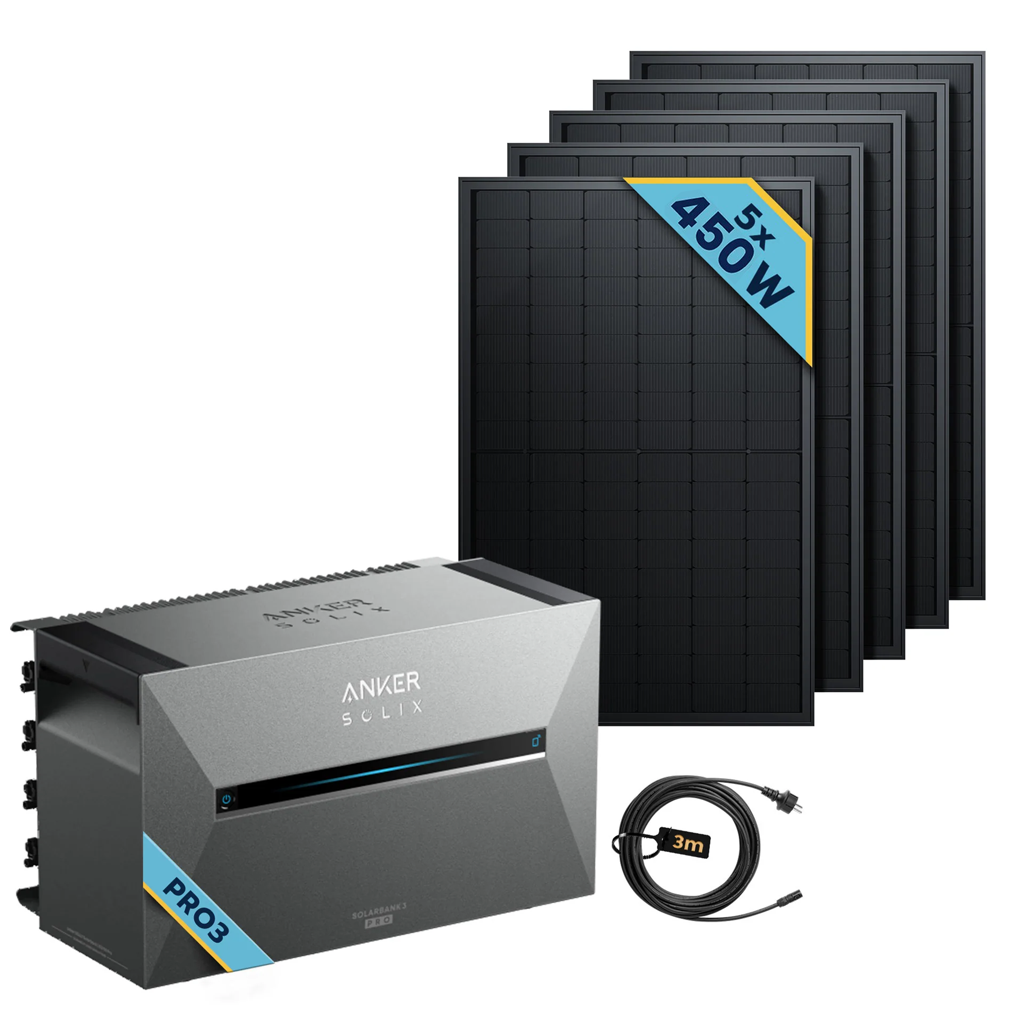 Anker SOLIX Solarbank 3 E2700 Pro Balkonkraftwerk speicher mit 450Wp Solarmodul Basic-Set containing solar panels and cables