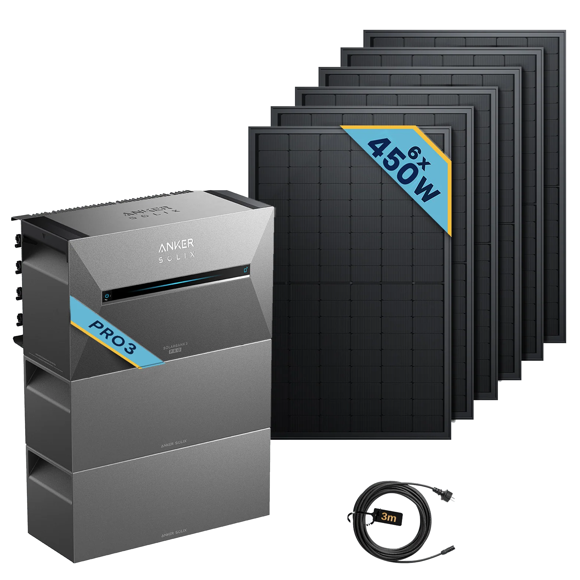 Anker SOLIX Solarbank 3 E2700 Pro Balkonkraftwerk speicher mit 450Wp Solarmodul Basic-Set image featuring solar panels and battery.