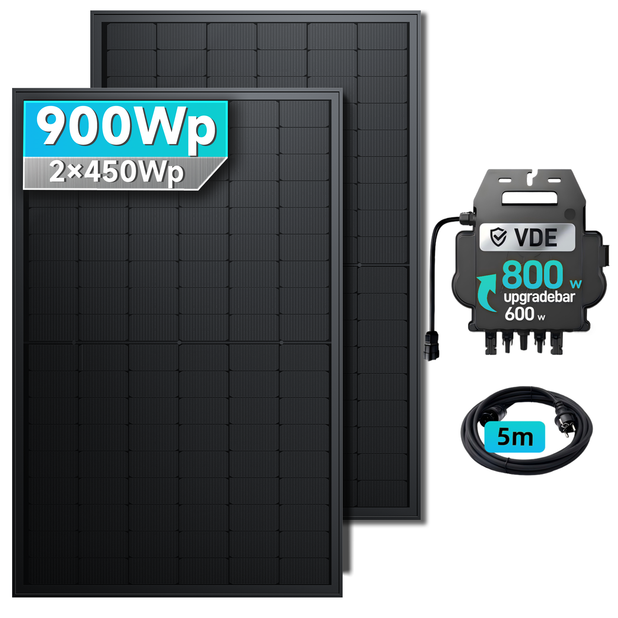 Solarmars Balkonkraftwerk 800W mit 2 Solarmodulen und APsystems Wechselrichter EZ1-M, 5m Kabel
