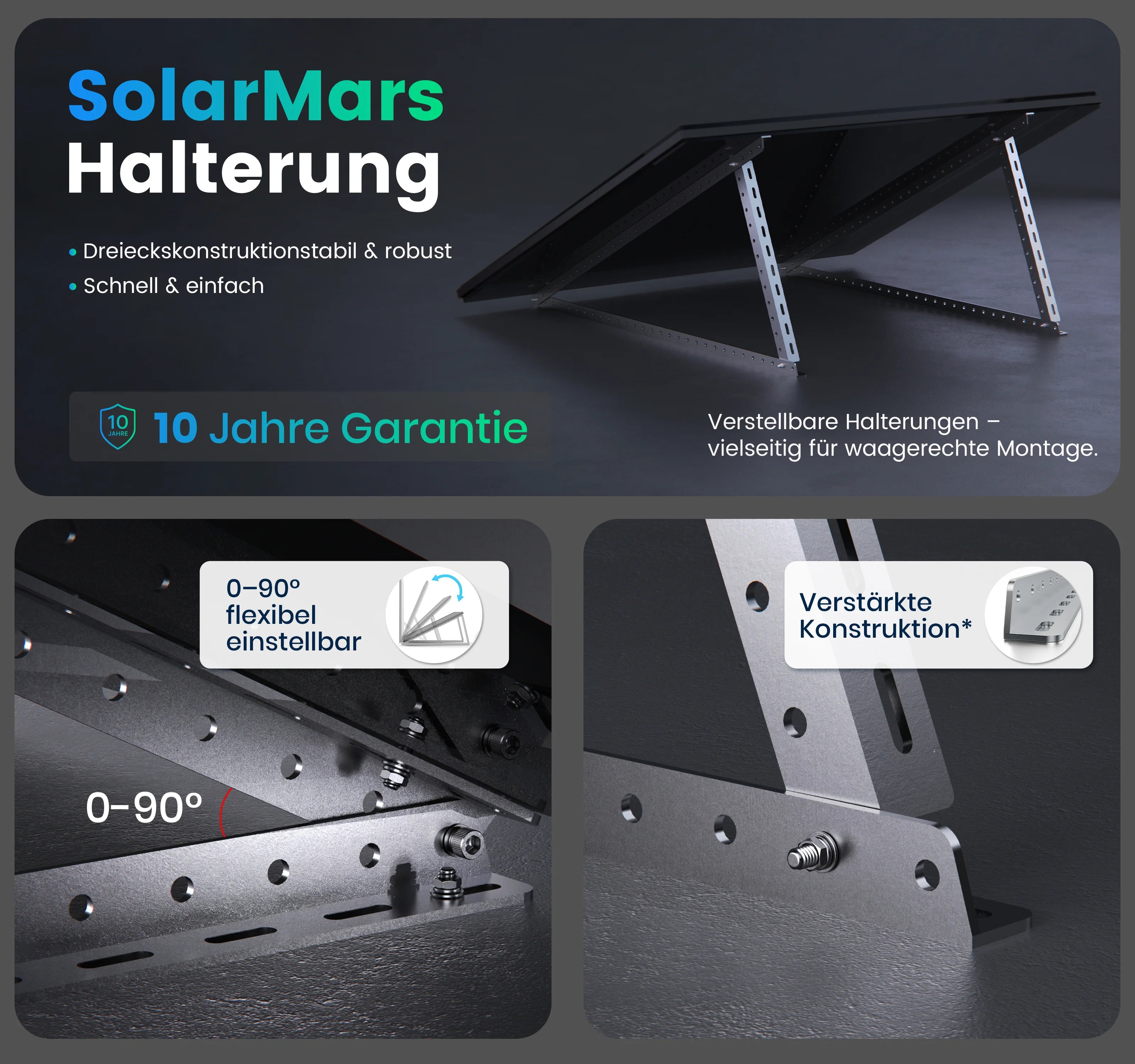 SolarMars Halterung für Solarmodule – stabil, robust, flexibel einstellbar mit 10 Jahren Garantie.