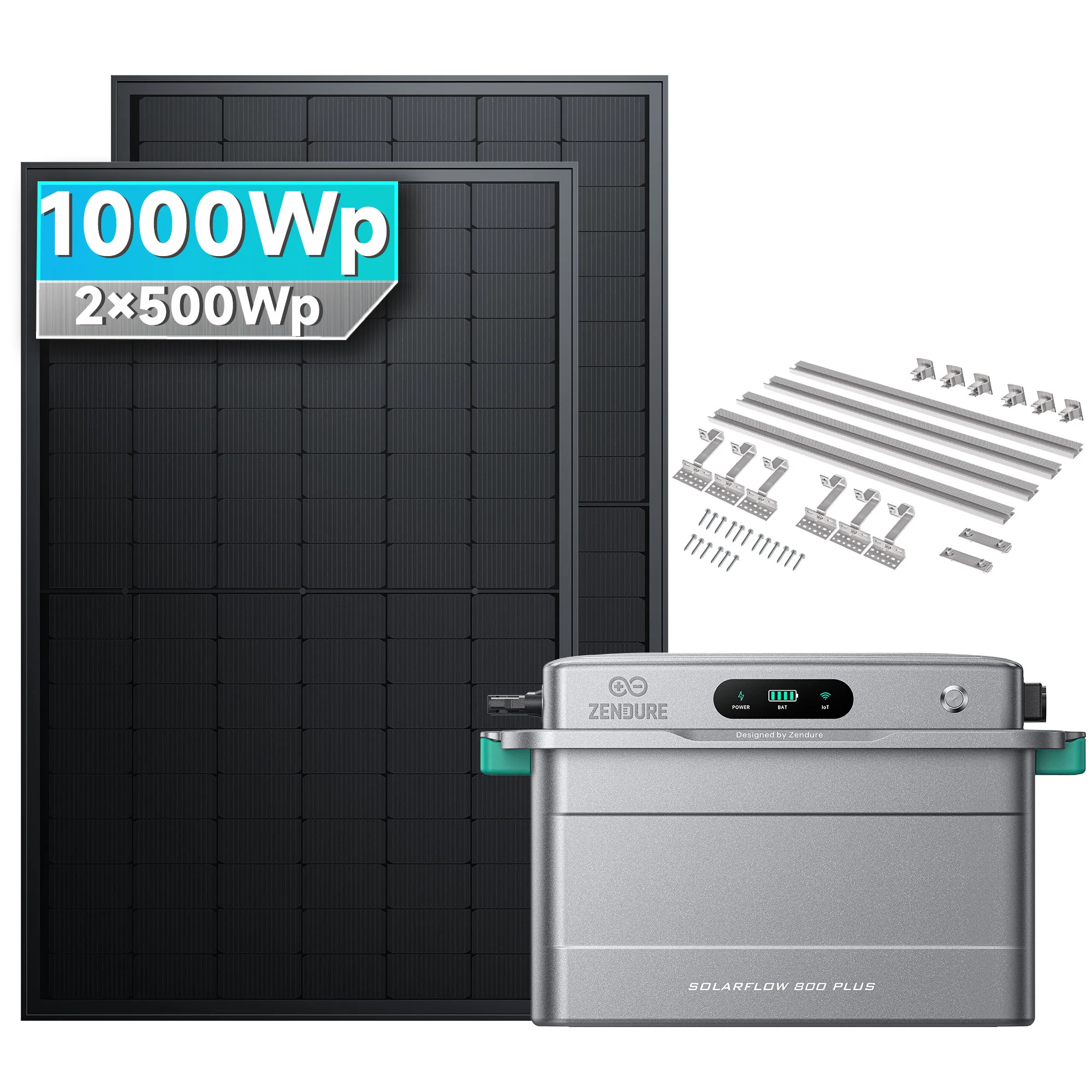 Zendure SolarFlow 800 Plus Balkonkraftwerk Speicher Set mit 1000Wp PV-Modulen und Balkongeländer-Halterung