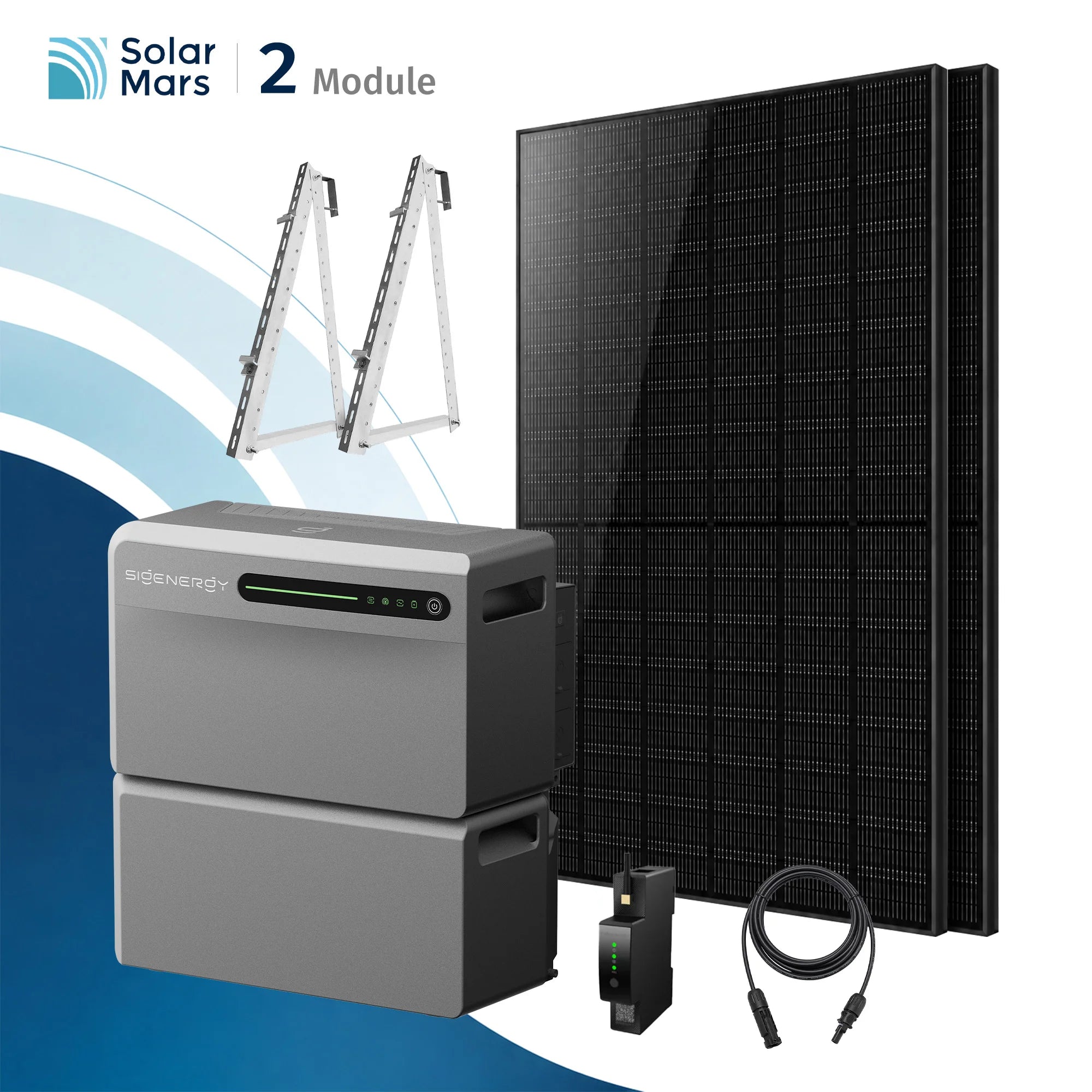 Sigenergy SigenMate 2700 Ultra Balkonkraftwerk Speicher mit 500W Solarmodul Set und Zubehör im Bild.