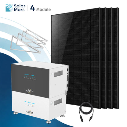 SunEnergyXT 500 Set mit 4 Modulen, integrierter Speicher und Zubehör für Balkonkraftwerksystem.