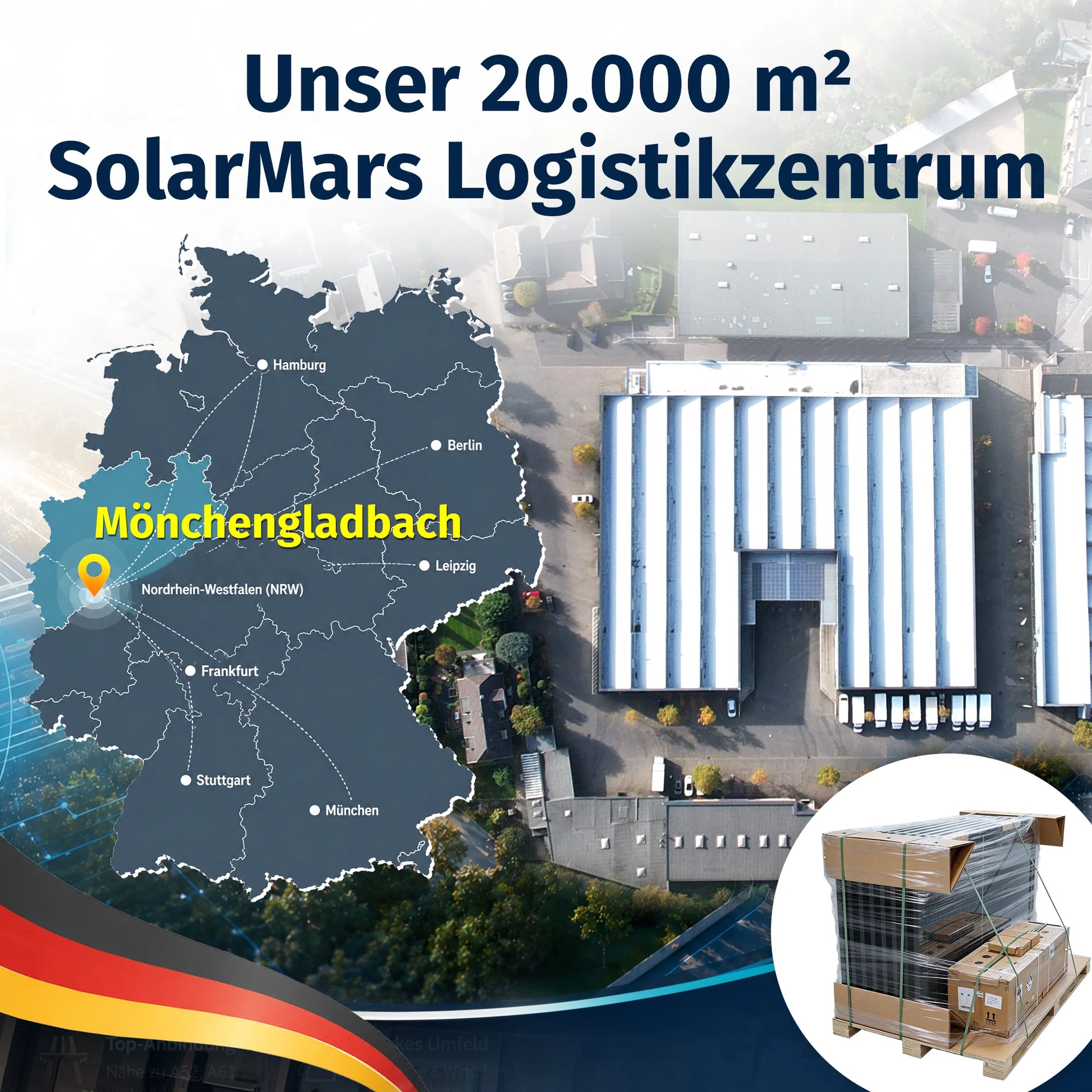 Unser 20.000 m² SolarMars Logistikzentrum in Mönchengladbach, Deutschland, mit Lagerboxen.