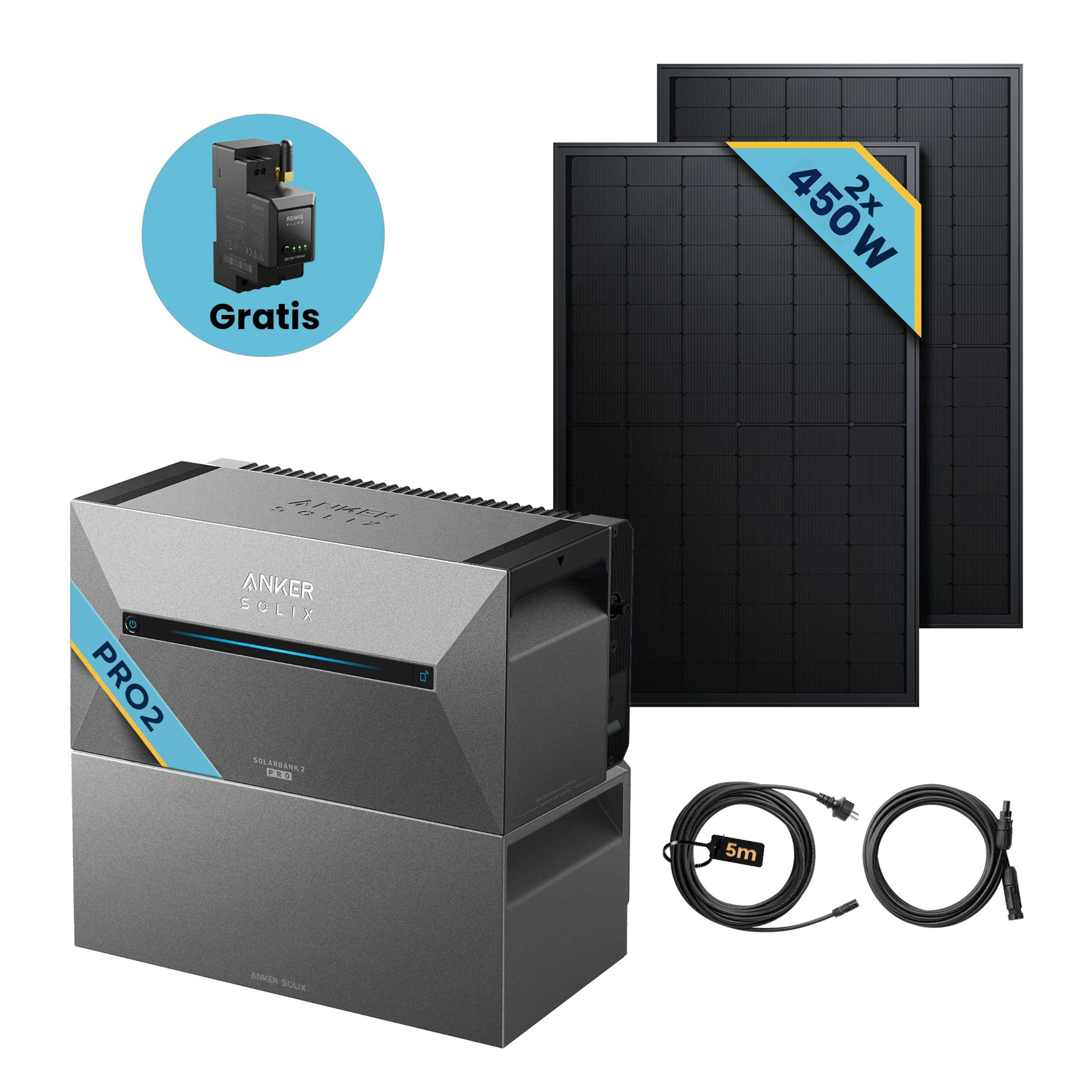 Anker SOLIX Solarbank 2 E1600 Pro Balkonkraftwerk speicher mit 450Wp Solarmodul und MC4 Solarkabel Set