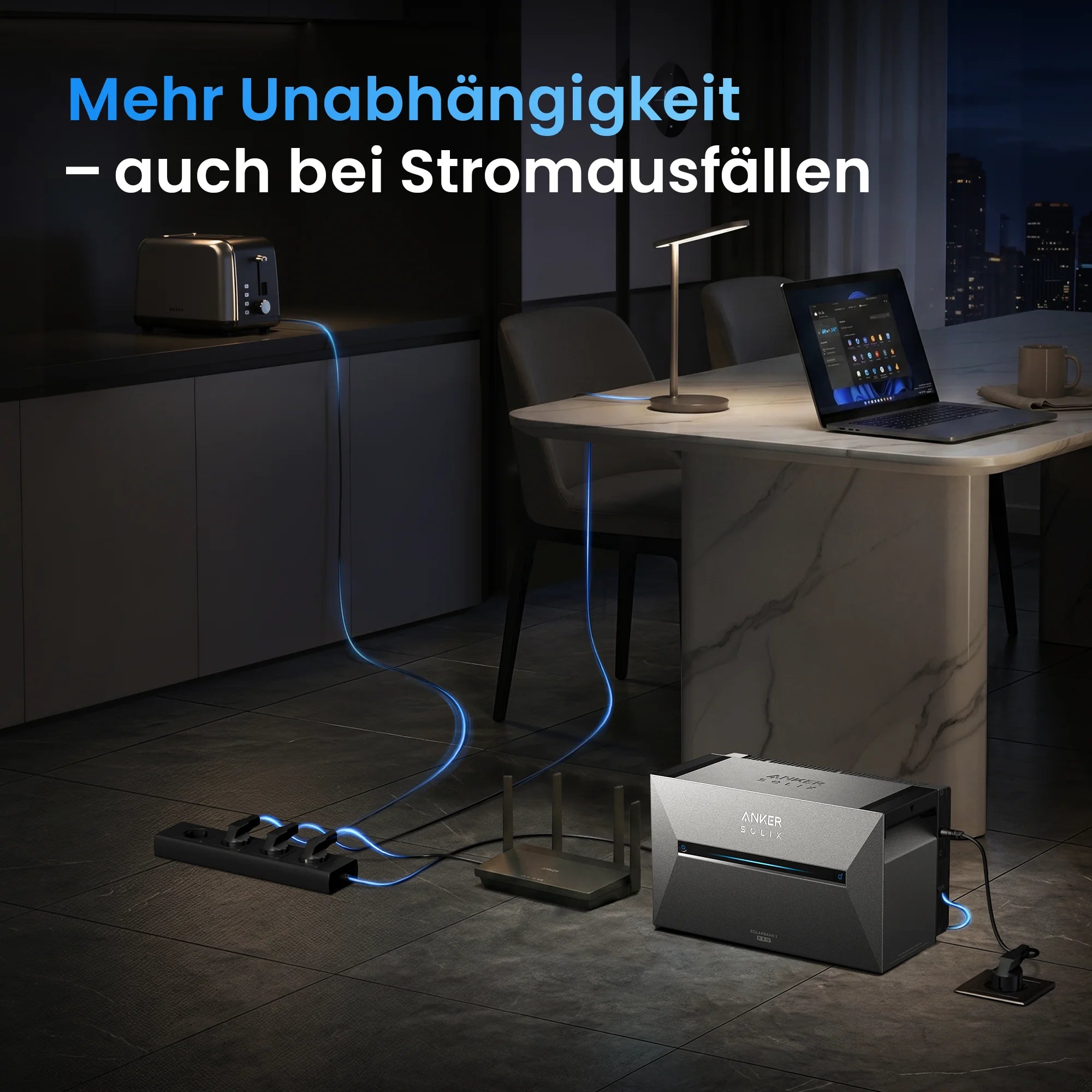 Anker Solix Solarbank 3 Pro Balkon-Stromspeicher, liefert bei Stromausfall zuverlässig Energie für Laptop, Router und Lampe – erhöht die energetische Unabhängigkeit im Haushalt.