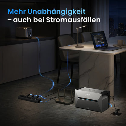 Anker Solix Solarbank 3 Pro Balkon-Stromspeicher, liefert bei Stromausfall zuverlässig Energie für Laptop, Router und Lampe – erhöht die energetische Unabhängigkeit im Haushalt.