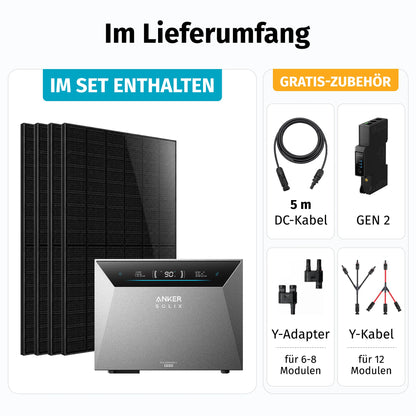 Anker SOLIX Solarbank 4 E5000 Pro Set mit 3 Solarmodulen und Zubehör im Lieferumfang, DC-Kabel und Y-Adaptern.