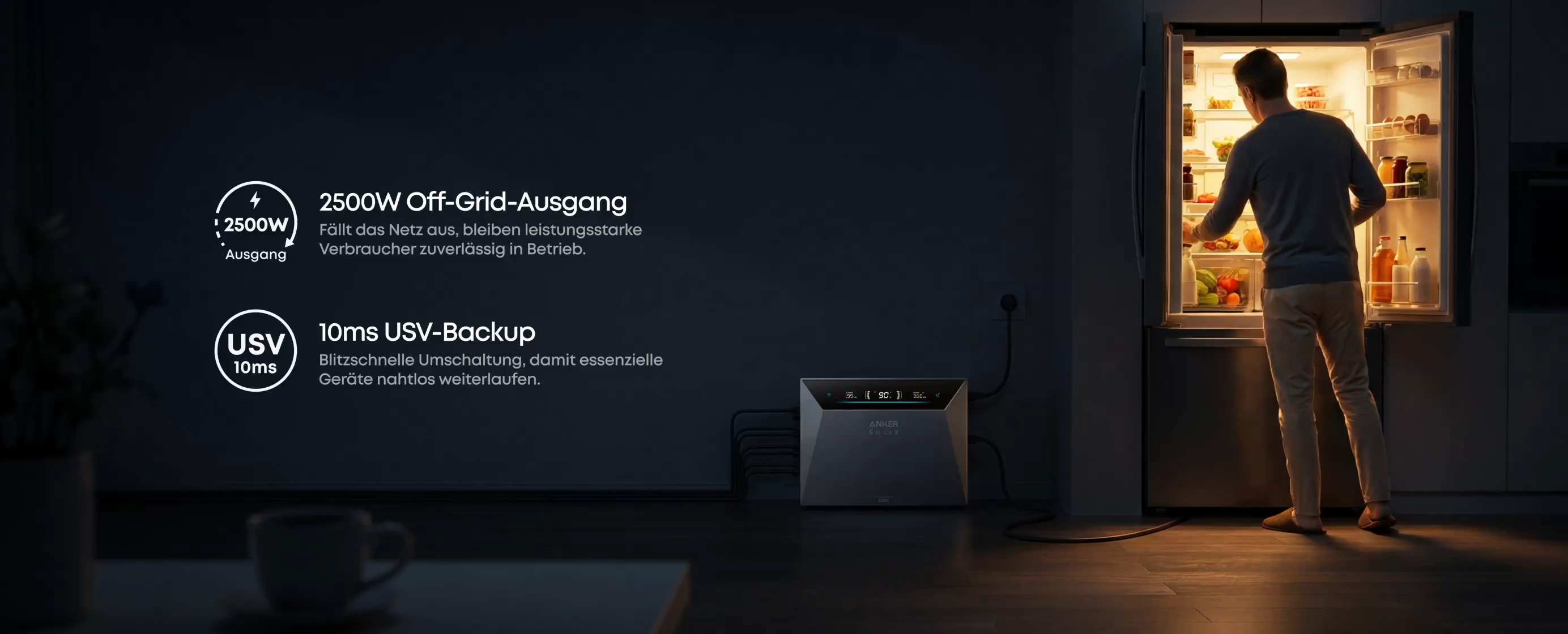 Anker SOLIX Solarbank 4 Pro mit 2500W Off-Grid-Ausgang und 10ms USV-Backup für Kühlschran