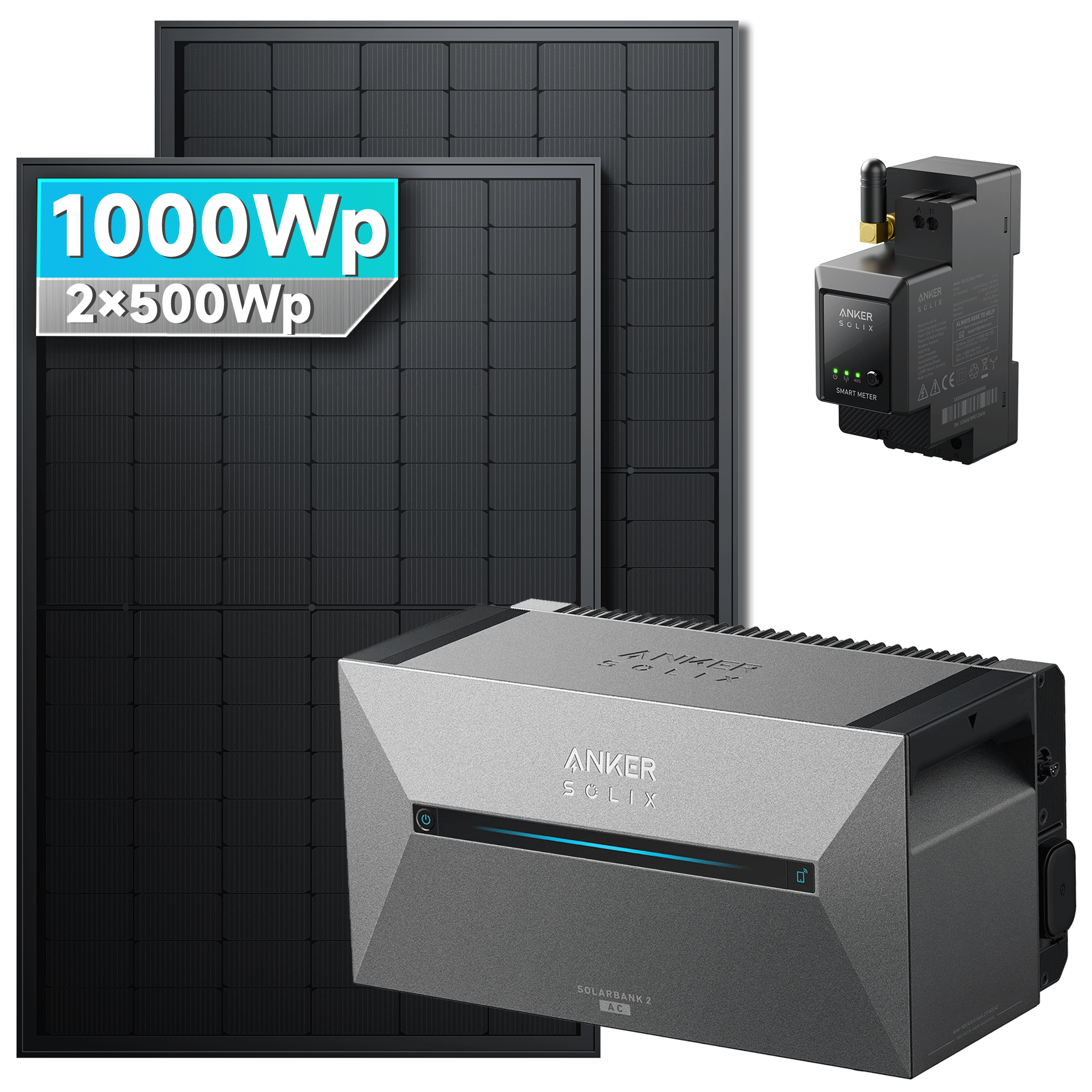 Anker SOLIX Solarbank 2 E1600 AC Balkonkraftwerk speicher mit 450/500Wp Bifaziales Solarmodul Set.