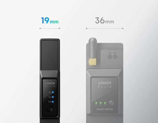 Anker SOLIX Smart Meter Gen 2 im Vergleich: 19mm dünnes Modell links, 36mm Modell mit Antenne rechts, beide mit 485-Kommunikation und Status-LEDs
