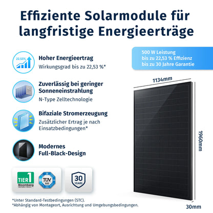 Effiziente Solarmodule mit 22,53 % Wirkungsgrad, 500 W Leistung, N-Type Zelltechnologie, bifazial, Full-Black-Design, 30 Jahre Garantie
