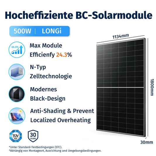 LONGi 500W BC Solarmodul Technische Daten – 24,5% Wirkungsgrad, Schwachlichtstark und Maße 1134x1800mm, ideal für Dachinstallation.