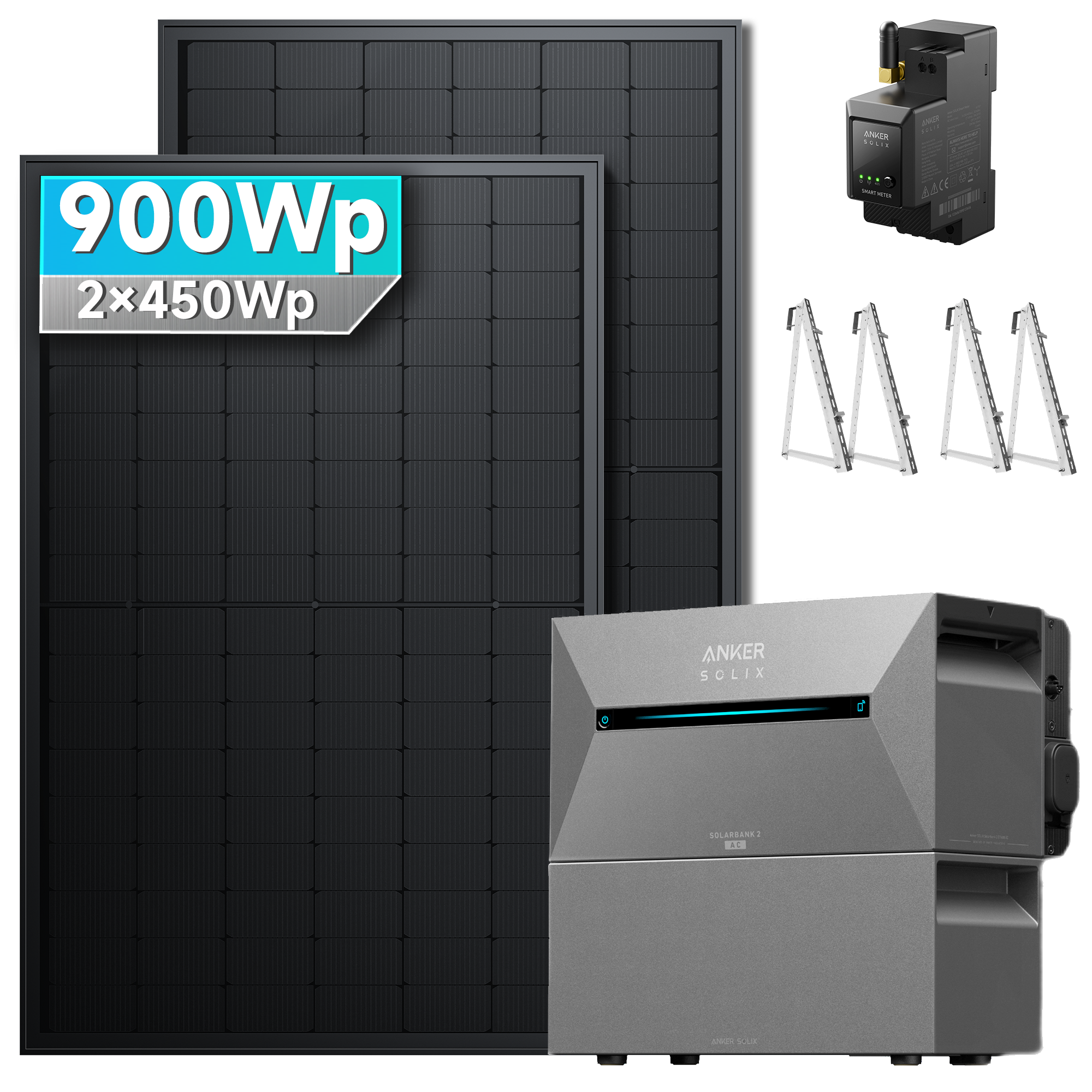 Anker SOLIX Solarbank 2 E1600 Pro Balkonkraftwerk Speicher mit 450Wp Solarmodul und MC4 Solarkabel Set