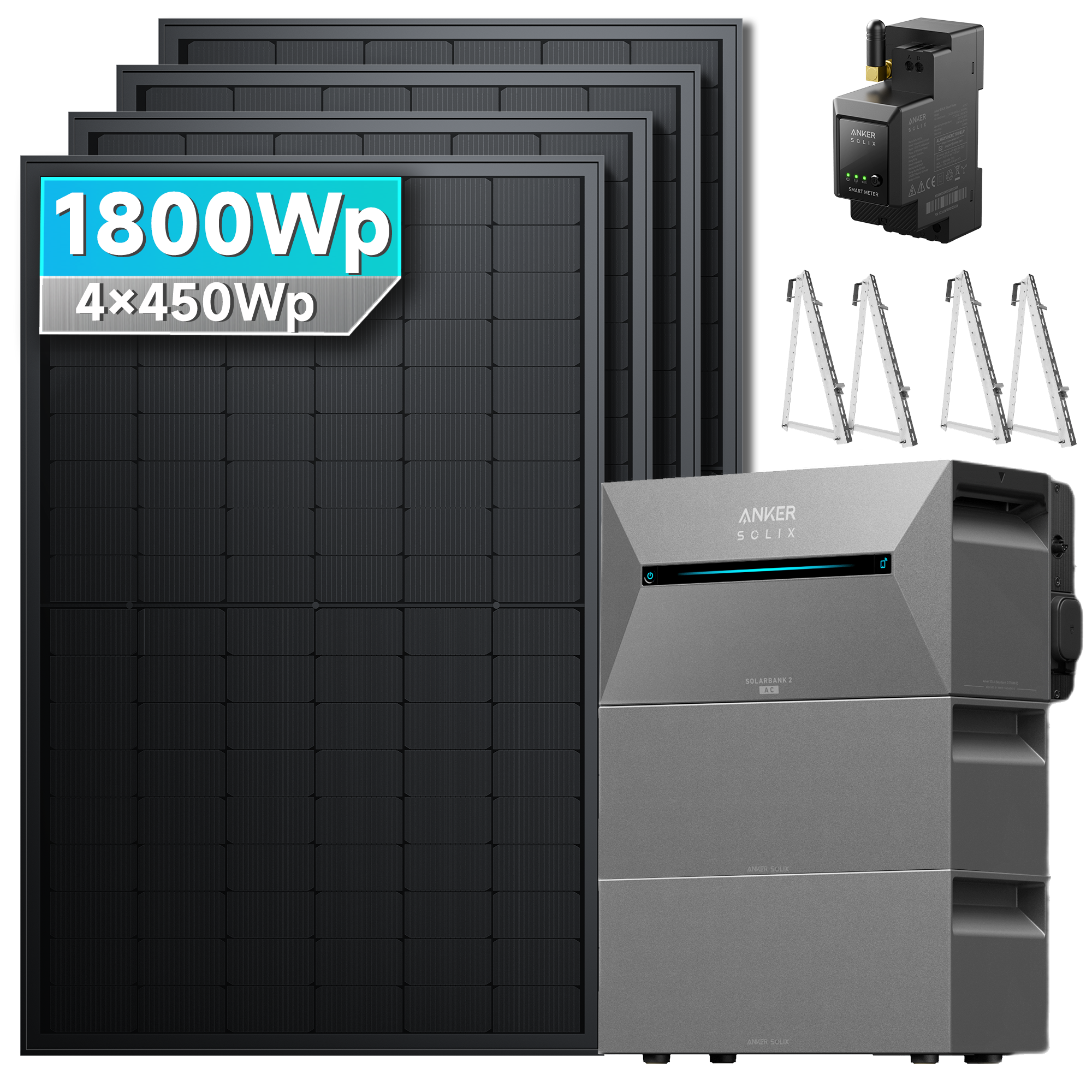 Anker SOLIX Solarbank 2 E1600 Pro Balkonkraftwerk Speicher mit 450Wp Solarmodul und MC4 Solarkabel Set