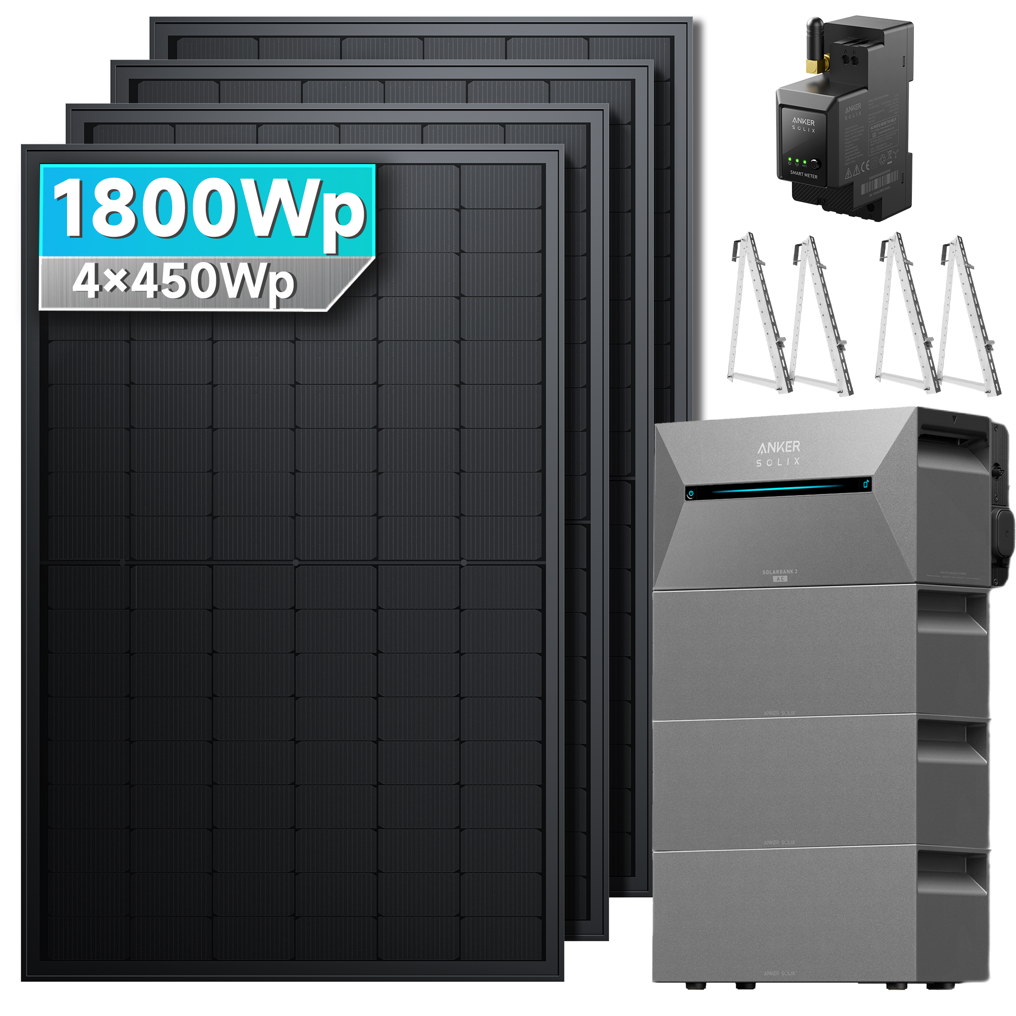 Anker SOLIX Solarbank 2 E1600 Pro Balkonkraftwerk Speicher mit 450Wp Solarmodul und MC4 Solarkabel Set