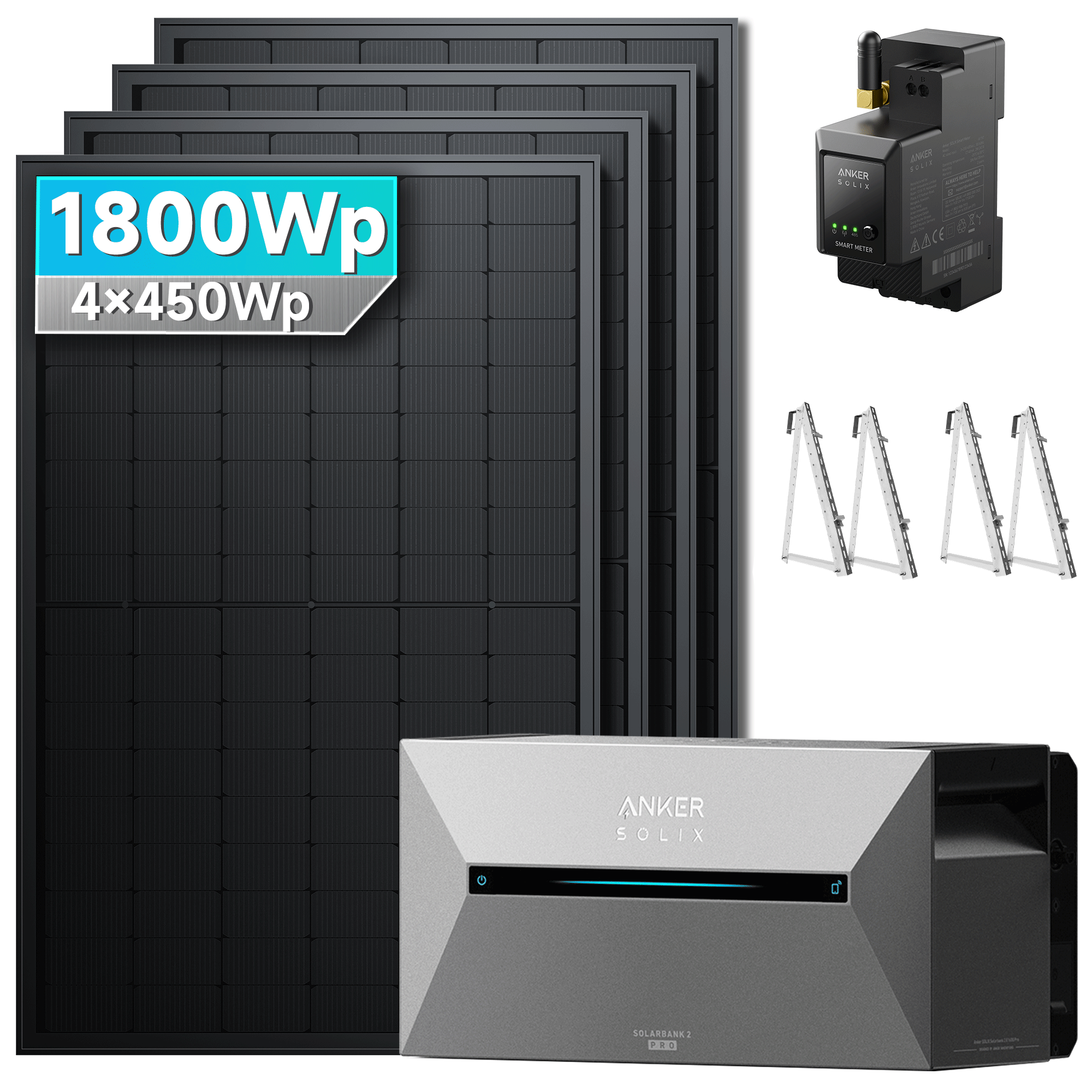 Anker SOLIX Solarbank 2 E1600 Pro Balkonkraftwerk Speicher mit 450Wp Solarmodul und MC4 Solarkabel Set