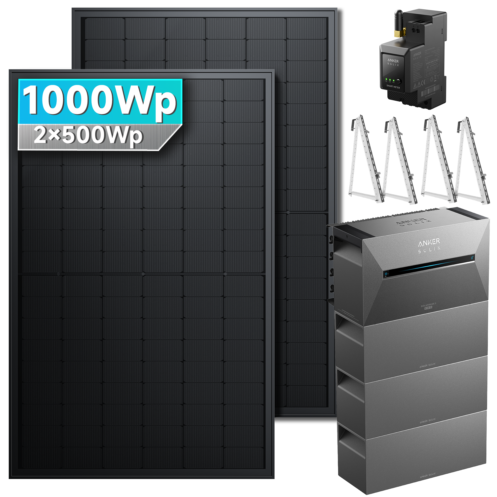 1000Wp Anker Solix Balkonkraftwerk Komplettset mit 2x500Wp bifazialen PV-Panels. Speicher: Mit 3x BP2700 Erweiterungsakku. Halterung: Mit Balkonhalterung.