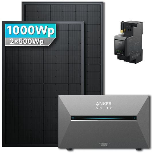 1000Wp Anker Solix Balkonkraftwerk Komplettset mit 2x500Wp bifazialen PV-Panels. Speicher: Ohne Erweiterungsakku. Halterung: Ohne Halterung.