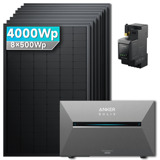 4000Wp Anker Solix Balkonkraftwerk Komplettset mit 8x500Wp bifazialen PV-Panels. Speicher: Ohne Erweiterungsakku. Halterung: Ohne Halterung.