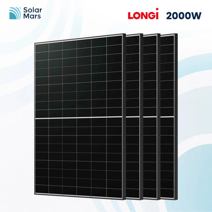 Solar Mars – LONGi 2000W Solarpanel-Set mit vier 500W Hi-MO X10 Modulen, vollschwarzes Design, ideal für Dachinstallationen mit hoher Effizienz und langfristiger Leistungsgarantie.