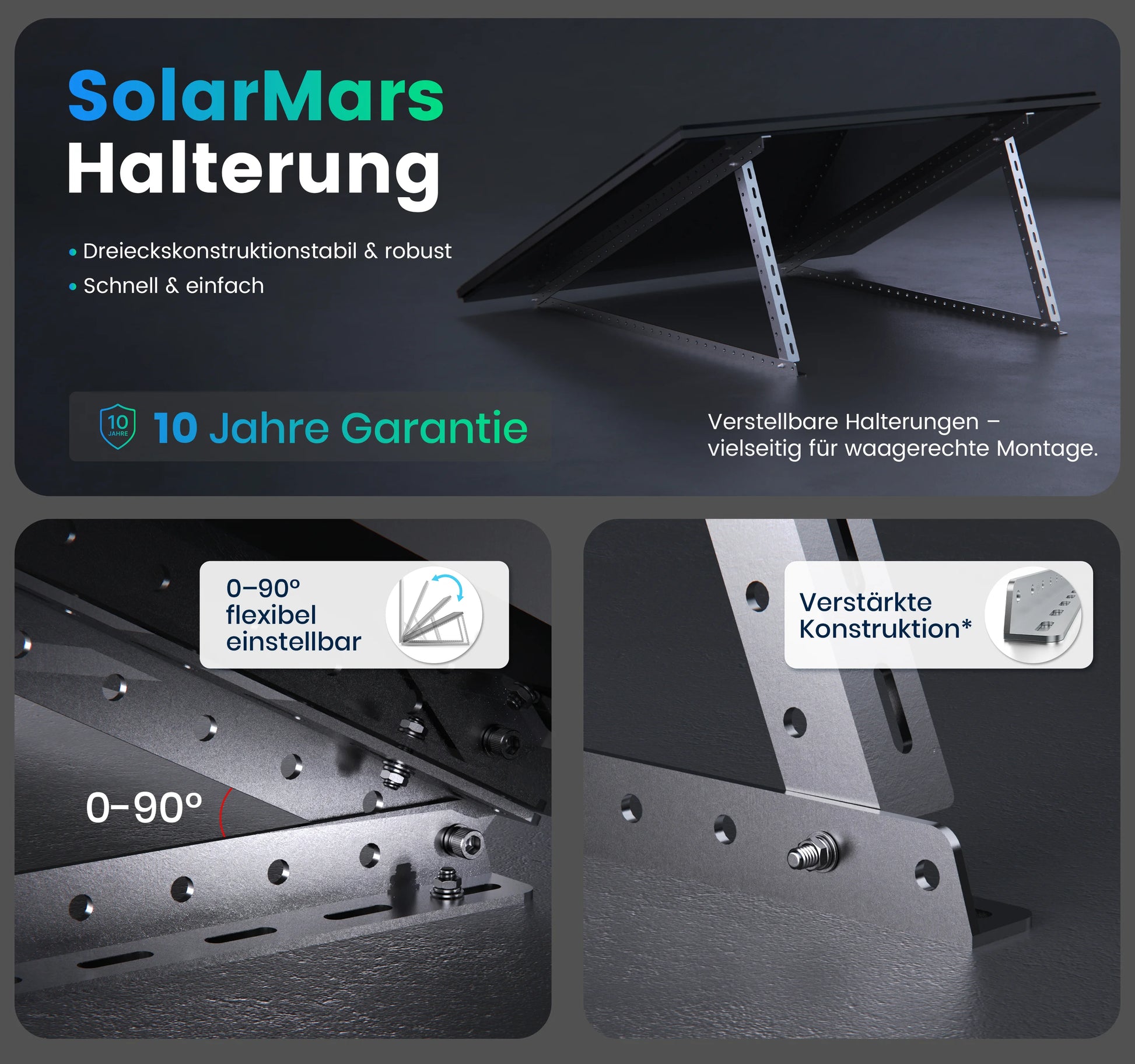 SolarMars Halterung für Solarmodule mit flexibler 0-90° Einstellbarkeit und 10 Jahre Garantie.