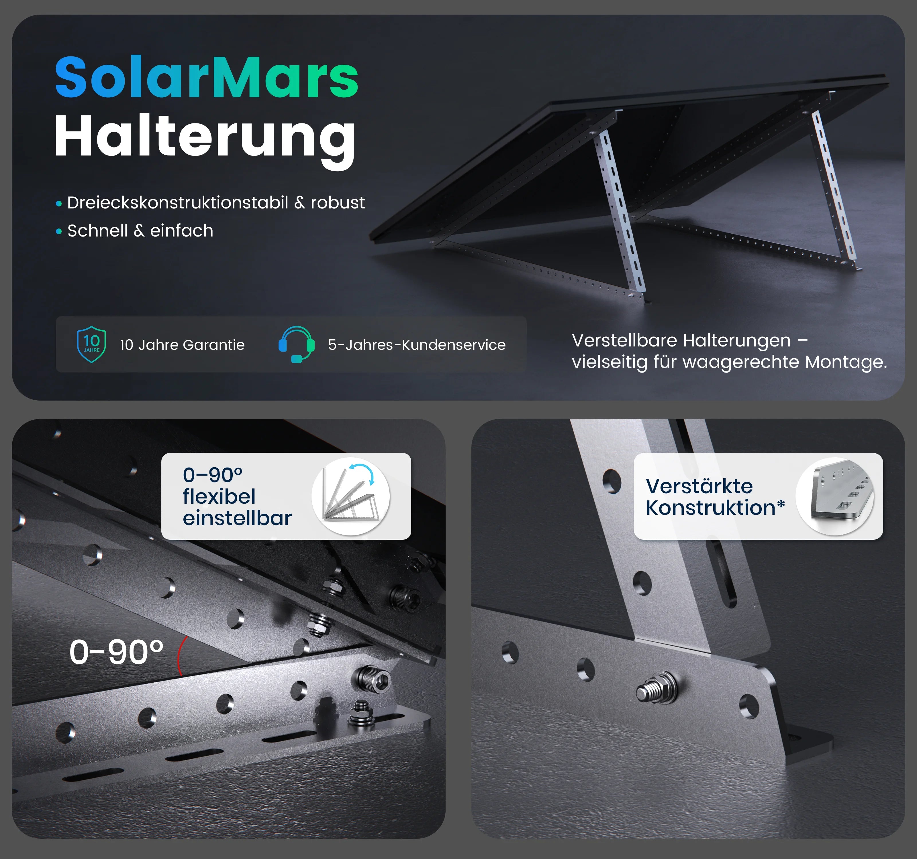 SolarMars verstellbare Halterung für Balkonkraftwerk mit robuster Dreieckskonstruktion, 0-90° flexibel einstellbar für waagerechte Montage und 10 Jahren Garantie.