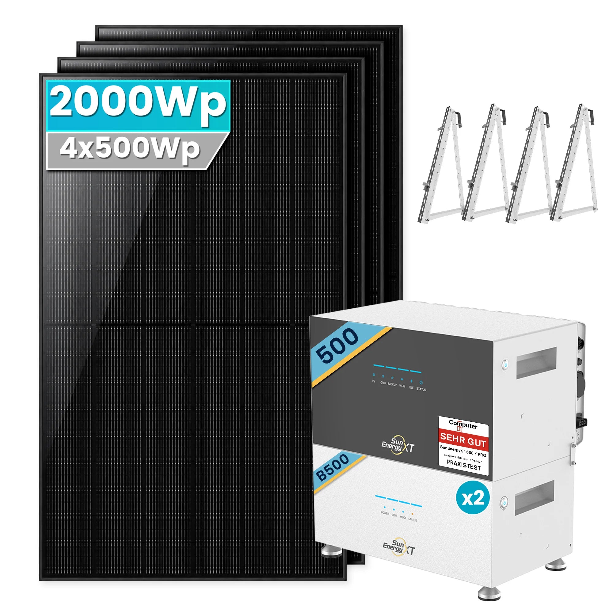 SunEnergyXT 500  Balkonkraftwerk mit Speicher 2000W Balkon halterung Set mit B500x2 Erweiterungsakku