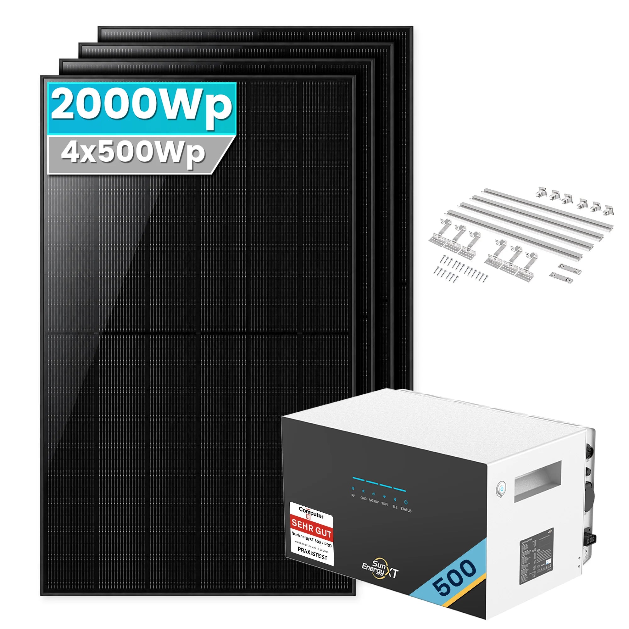 SunEnergyXT 500  Balkonkraftwerk mit Speicher 2000W Ziegeldach halterung Set