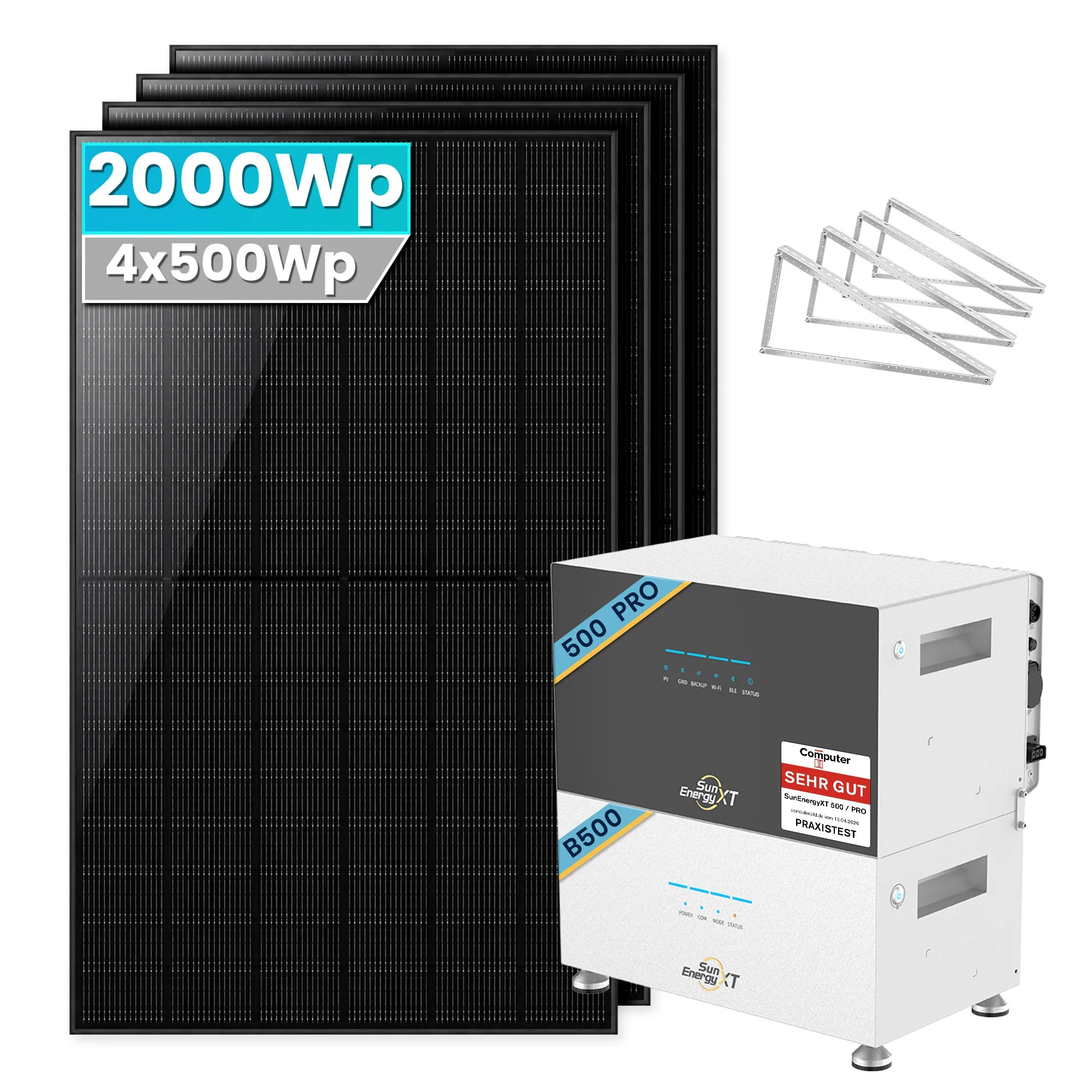 SunEnergyXT 500 Pro Balkonkraftwerk mit Speicher 2000W Flachdach halterung Set mit B500 Erweiterungsakku