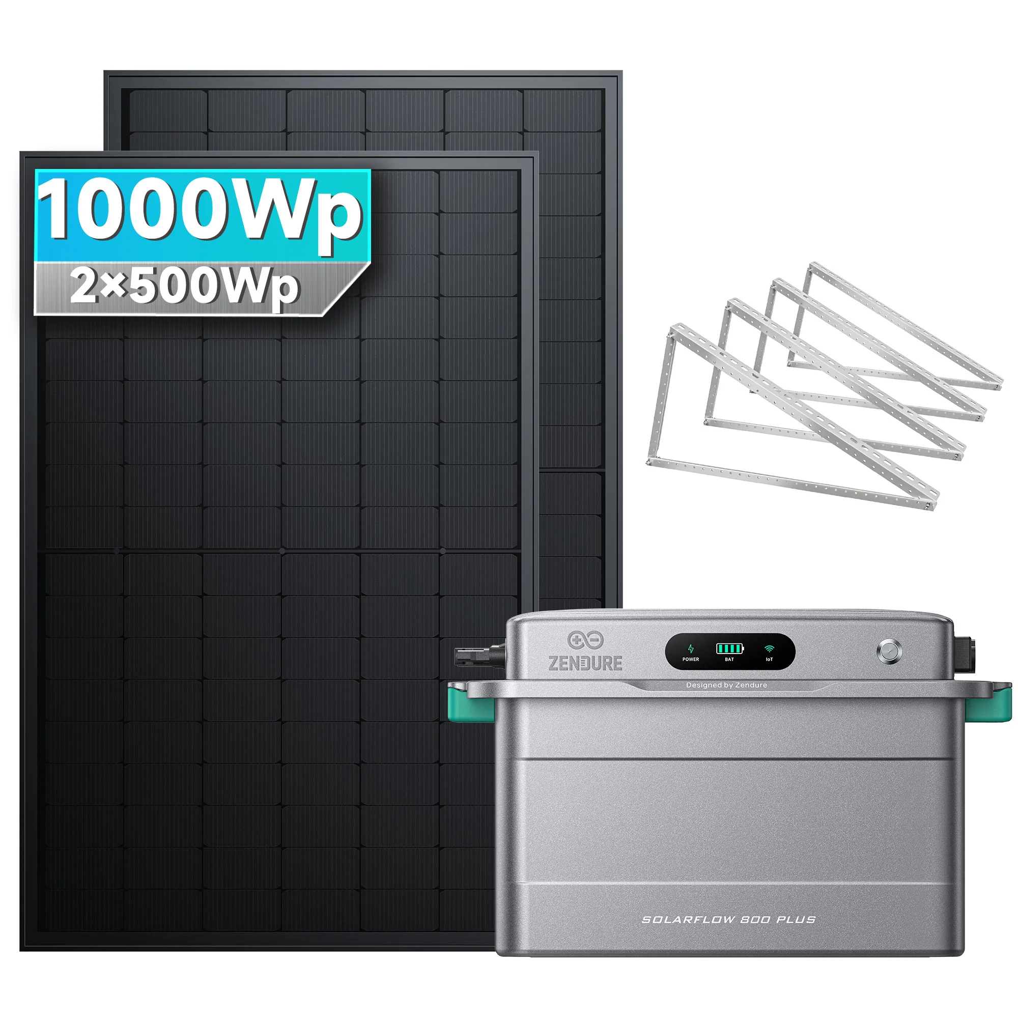 Zendure SolarFlow 800 Plus Balkonkraftwerk Speicher Set mit 1000Wp PV-Modulen und Flachdach-Halterung